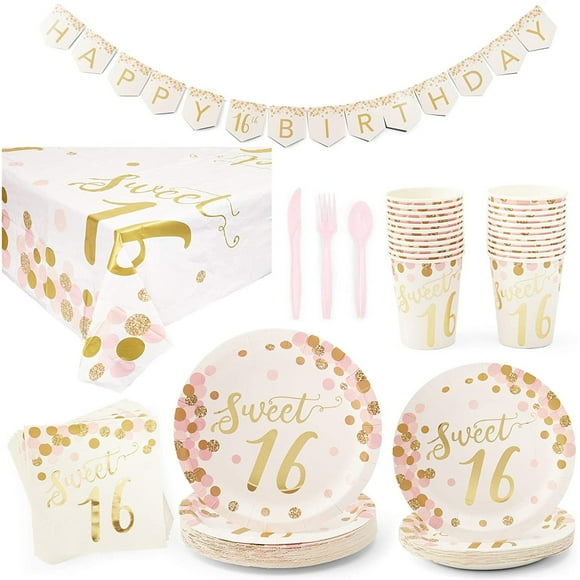 Paper Straws Sweet Sixteen Birthday Party Decorations Party Supplies Pack Sweet 16 Table Decorating Kit With 2 Centerpieces and Confetti and Sweet Sixteen Banner Sweet 16 Hanging Swirls 